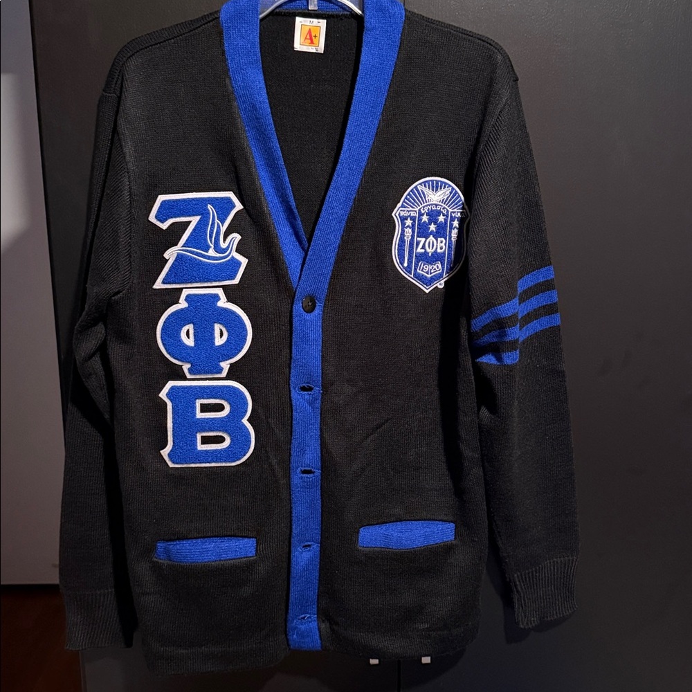 ZETA Black and Blue Cardigan with Greek Letters